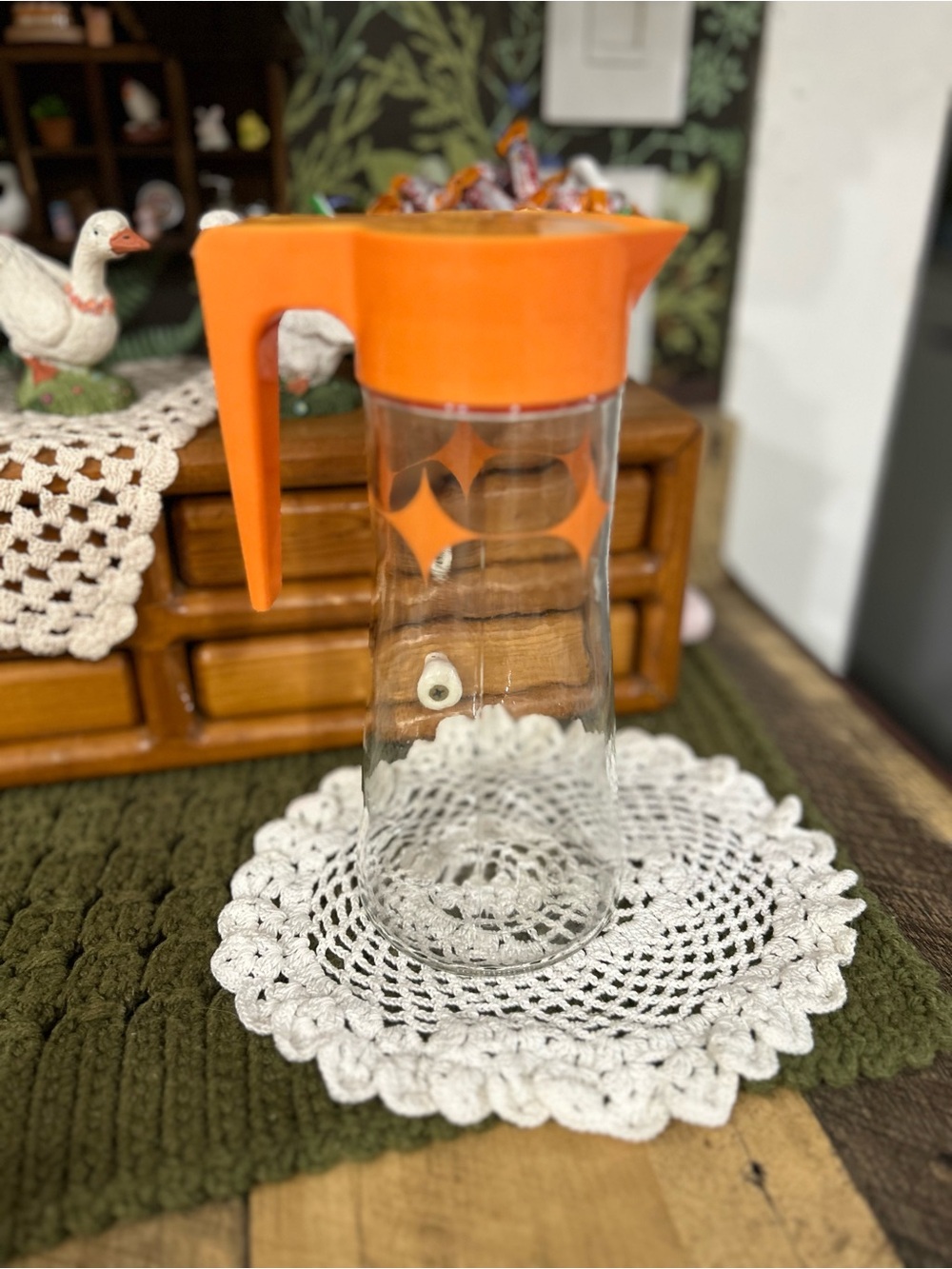 Vintage 1960s Anchor Hocking "Tang" Glass Juice Carafe with Original Orange